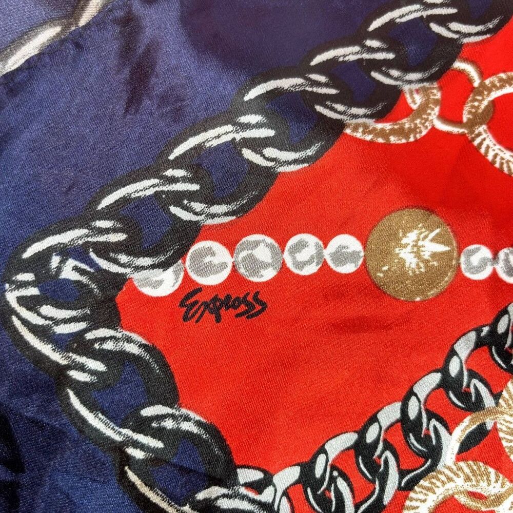 Express Silk Square Monogram Logo Chain Multicolor Scarf Womens Blue Red NWT - Picture 5 of 10